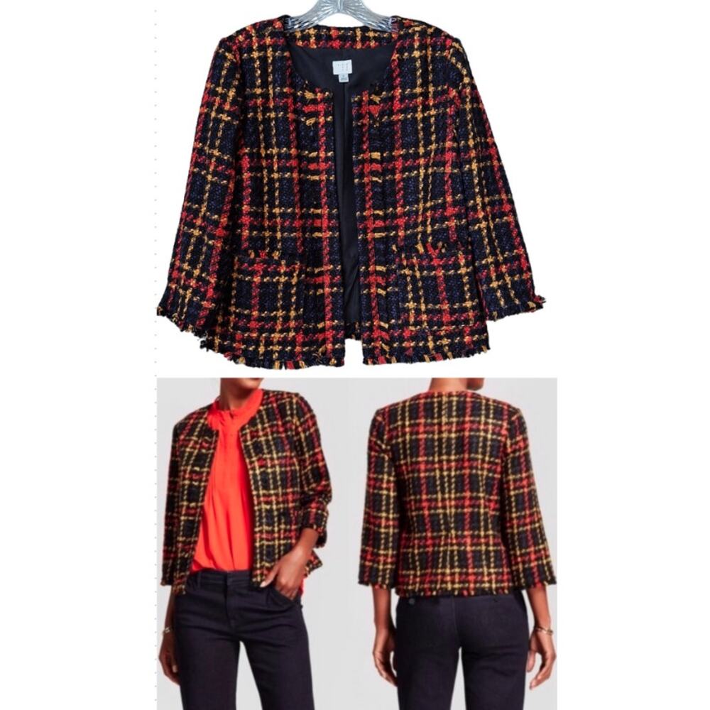 Tweed Bouclé Lady Jacket Fall Winter Blazer Plaid Black Orange-Red Yellow Size S
